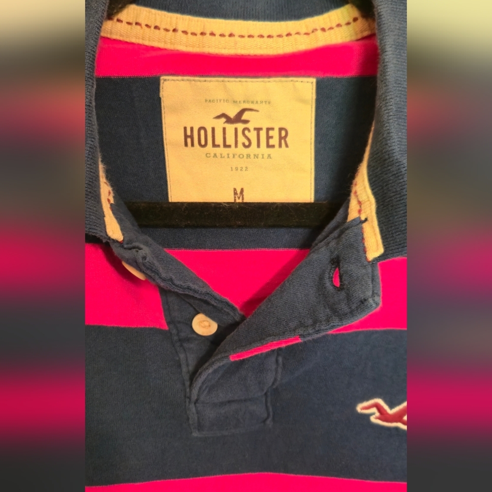 Men's Pink And Navy Striped Slim Fit Hollister Polo Medium - Picture 3 of 5